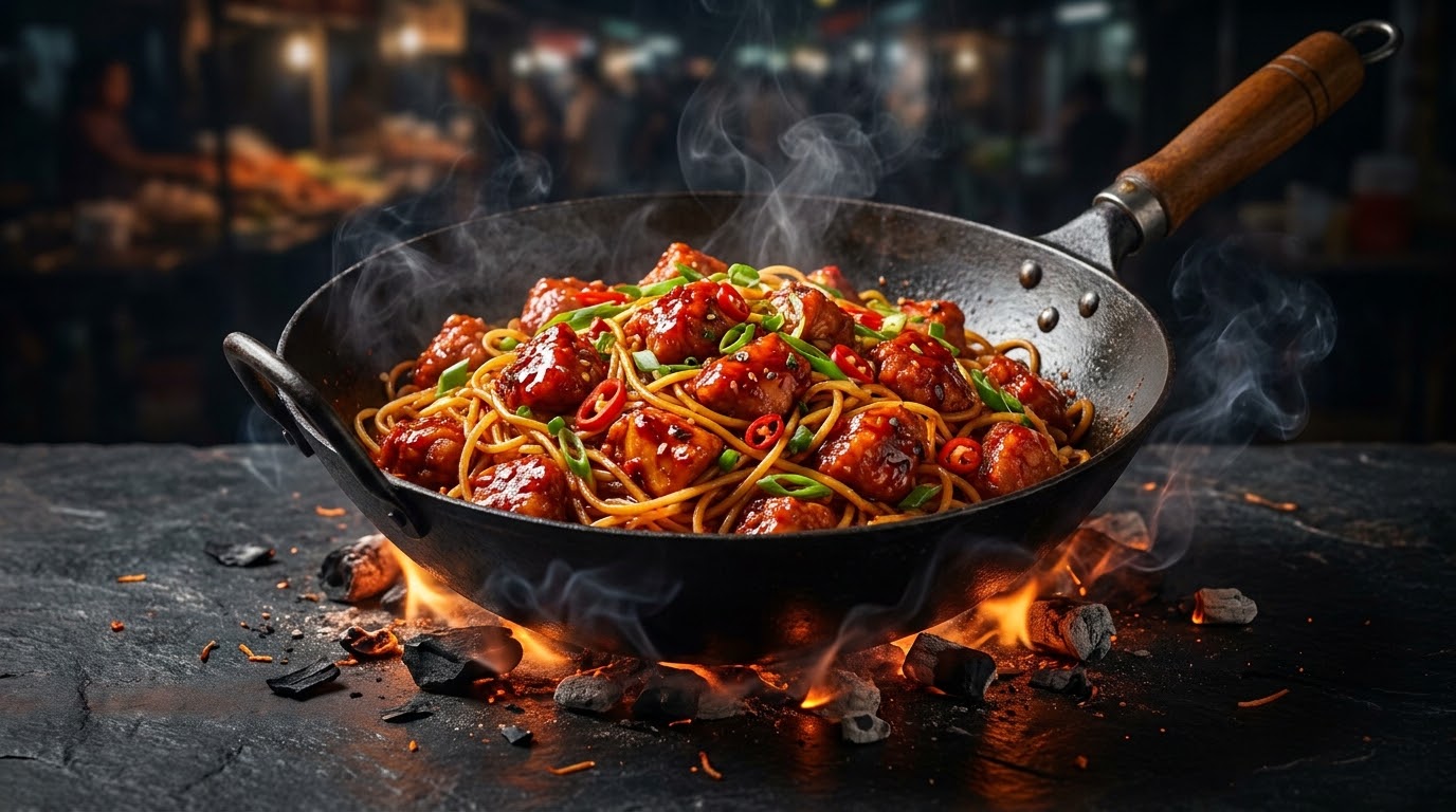 Sizzling Indo-Chinese wok noodles and glazed chilli chicken tossing over glowing hot coals