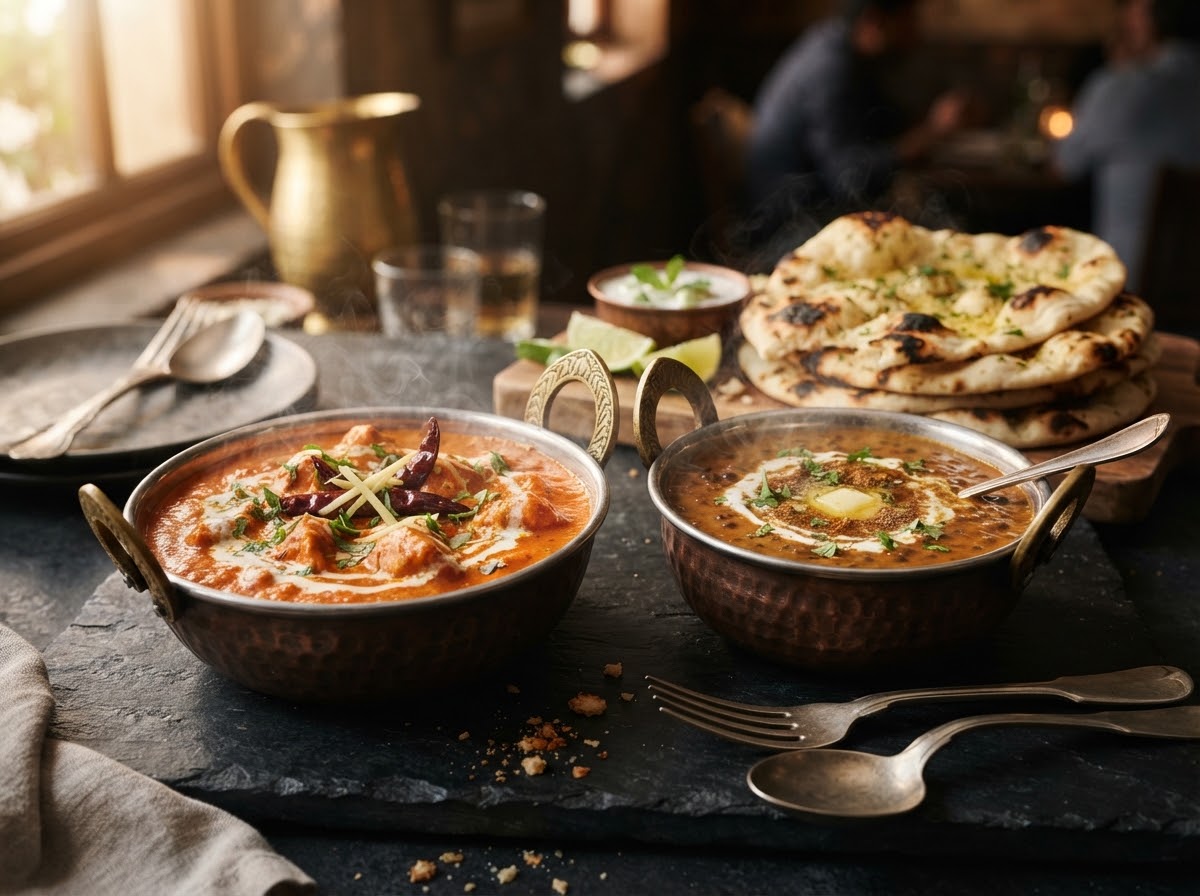 Steaming rich butter chicken and dal makhani in rustic dark copper handi with charred garlic butter naan