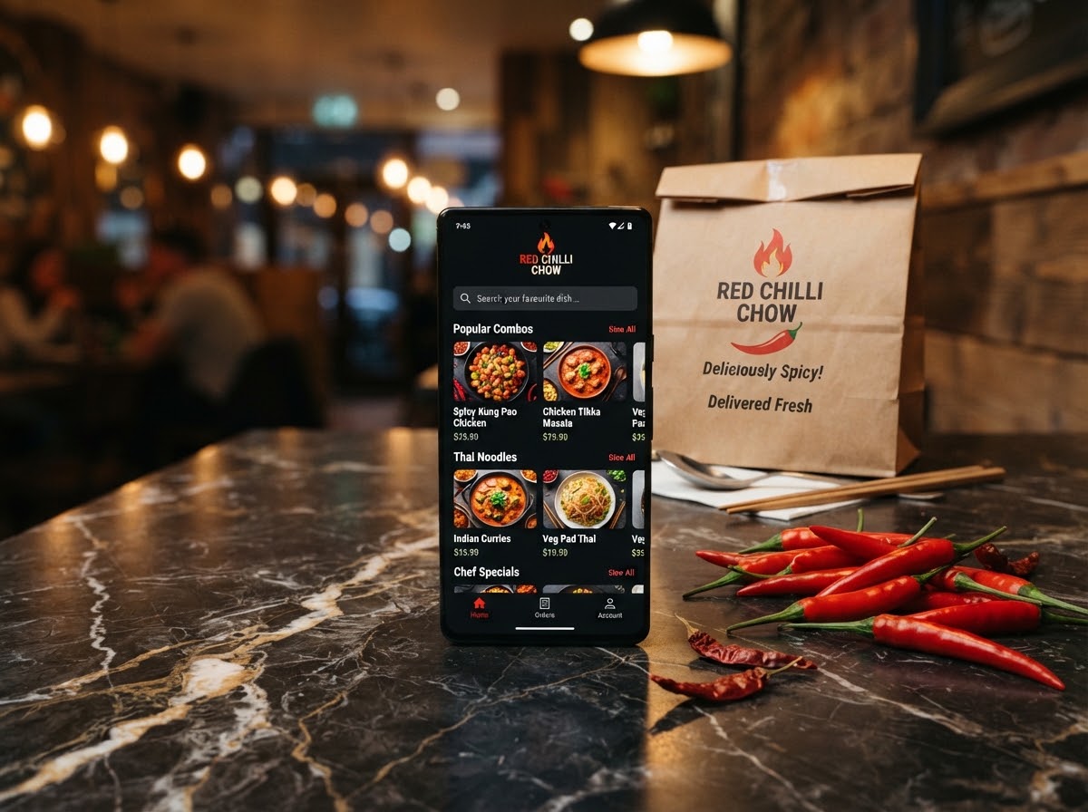 Sleek modern smartphone displaying Red Chilli Chow food delivery app interface on dark marble desk