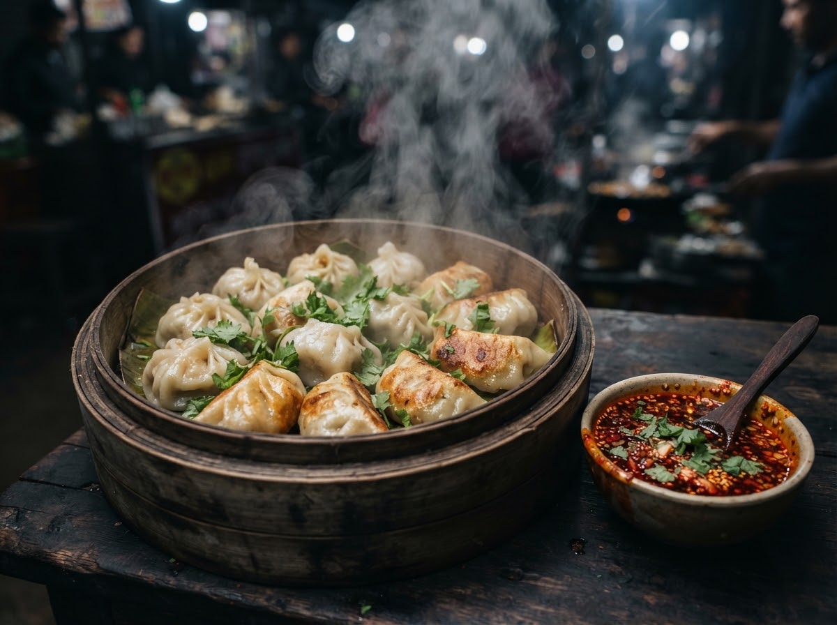 Steaming hot pan fried and steamed momos dumplings in bamboo steamer with fiery schezwan dip